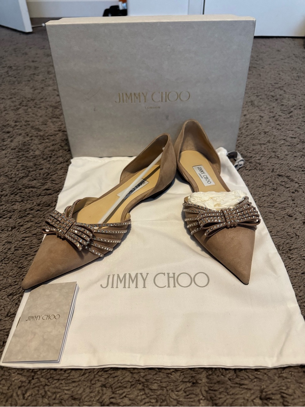 Jimmy Choo Kaitence Flat Suede Pointed Toe Flats with Crystal Bow